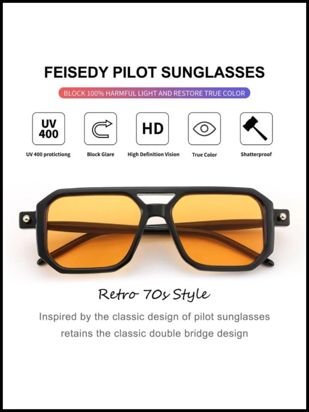Vintage Square 70s Flat Aviator Sunglasses Retro Stylish Frame UV400 Protection